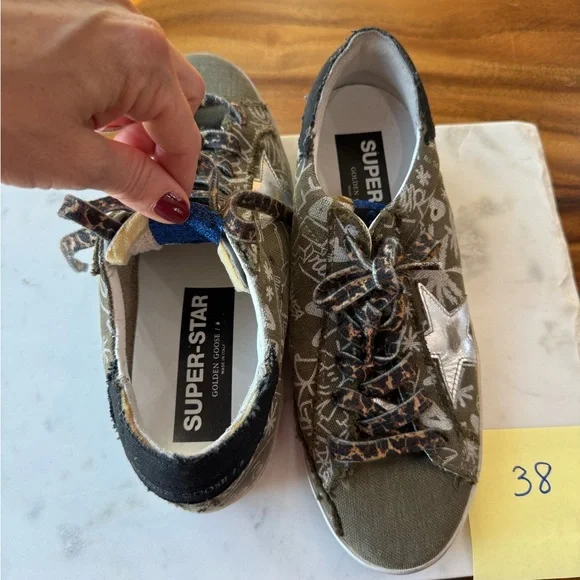 Golden Goose SuperStar Olive and White Graffiti Sneakers with Silver Star